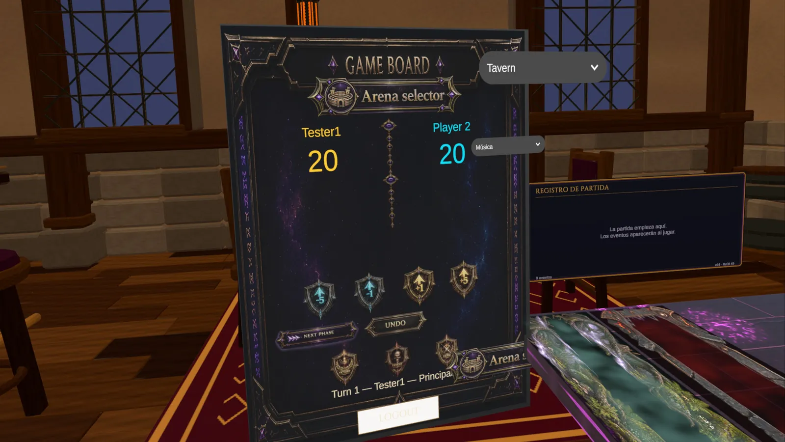 Tablero de juego dentro del visor, en la taberna